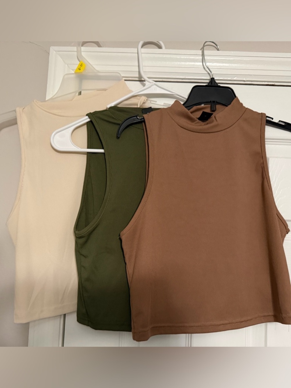 SHEIN Ribbed Sleeveless Mock Neck Tank Top - Cream, Olive, Brown